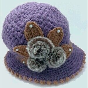 Purple & Brown Knitted Hat 3D Flower Women Crochet  Fashion Beanie